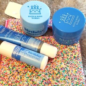Bath & Bodyworks Birthday Frosting Lip Scrub,Mask,Balm & Gloss Set w/Glitter Bag